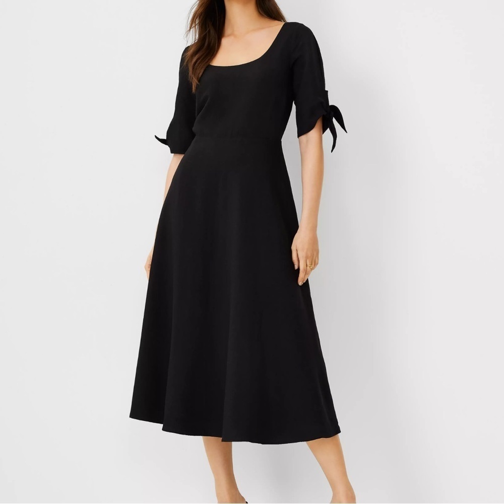 Ann Taylor Linen Blend Black Tie Sleeve Scoop Neck Fit Flare Dress Size 4
